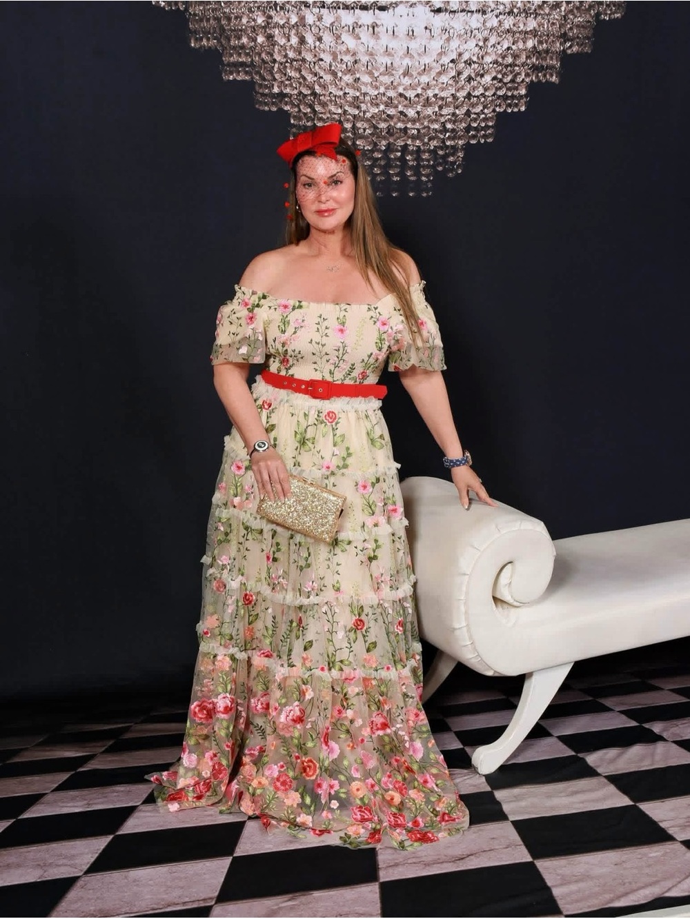 JessaKae Cream Floral Off-Shoulder Maxi Dress with Red Accents